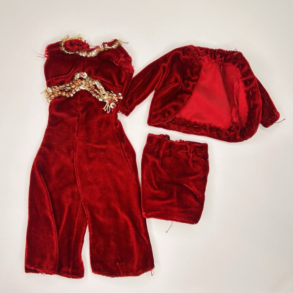 Vintage 1960s Barbie Doll Clone Red Velvet Clothing Set Jumpsuit‎ Sweater Skirt